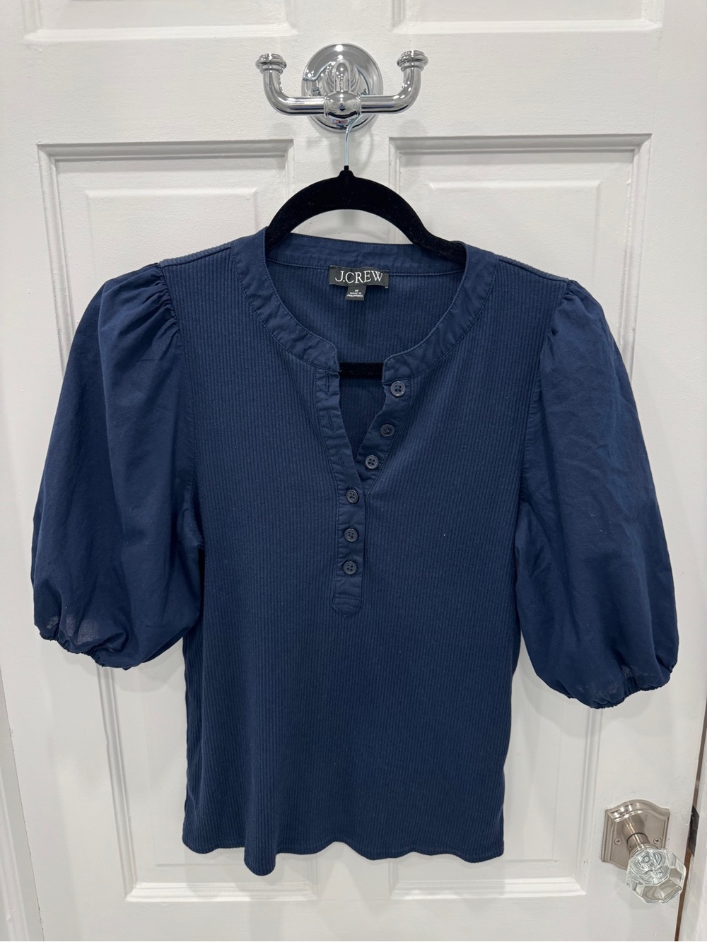 J. Crew Navy Button-Front Puff Sleeve Top